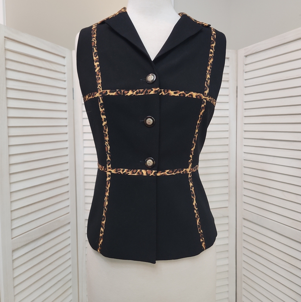 Danny & Nicole Black Sleeveless Jacket with Leopard-Print Trim Size 8P